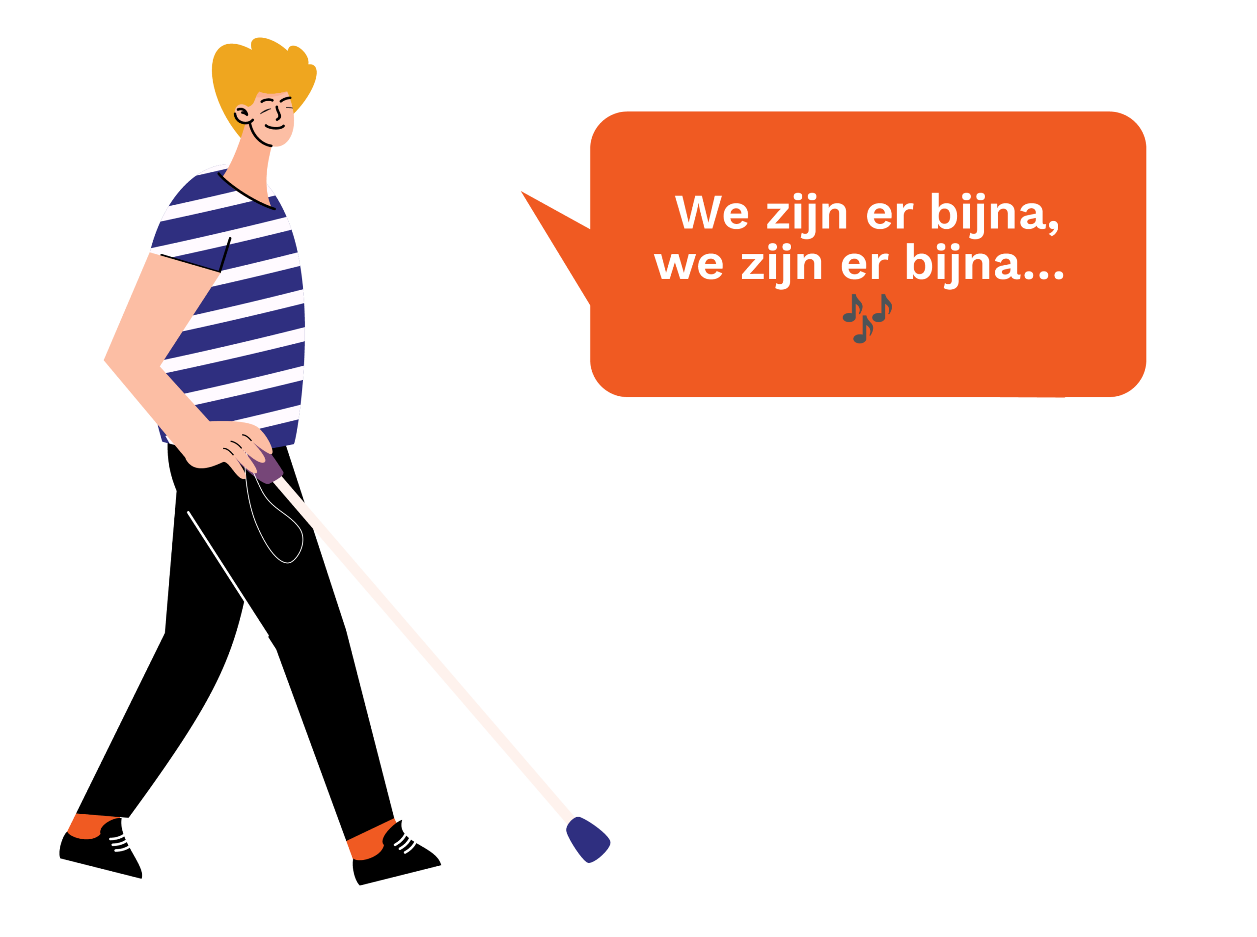 Voetganger die zingt: we zijn er bijna, we zijn er bijna
